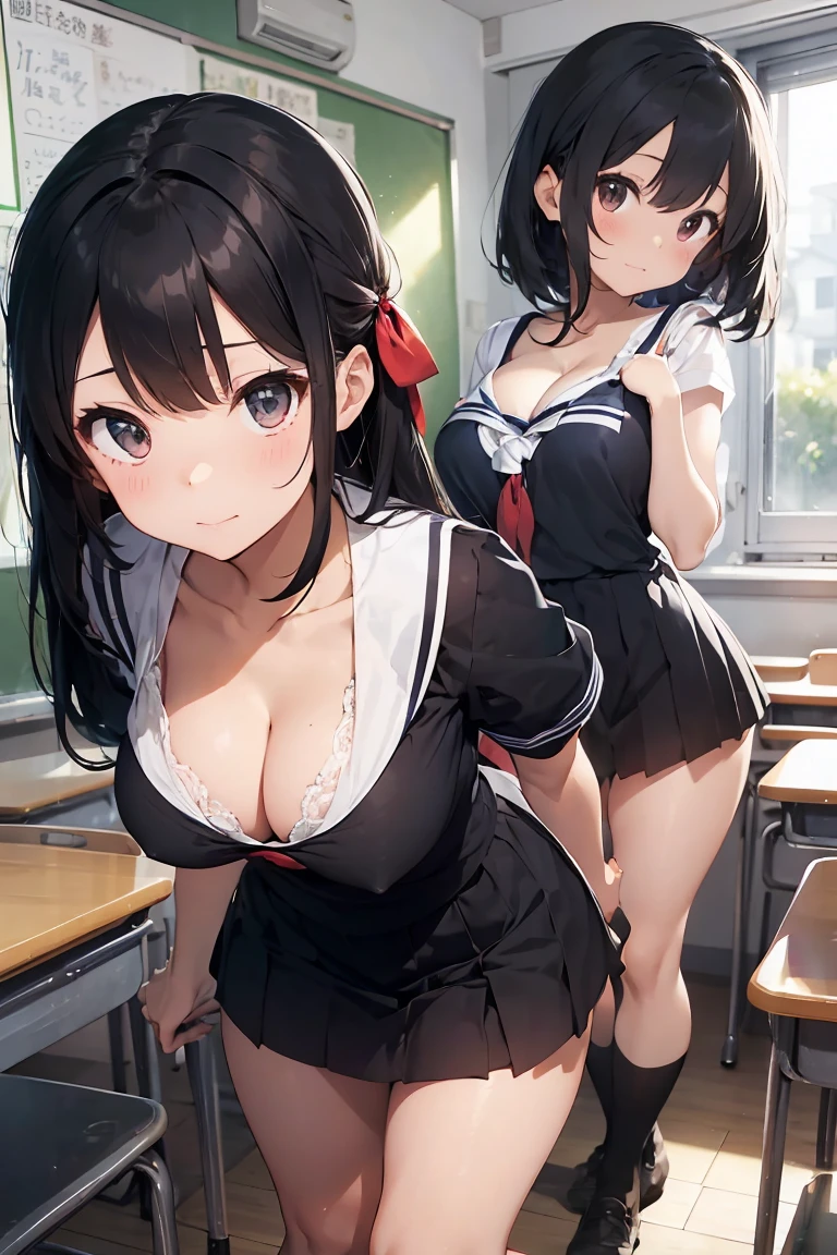 A view from a little side and below、Embarrassing、Big Breasts,、Sailor suit、nude,Black Hair、きれいな青いHair Ribbon 、Beautiful girls、sunny、Leaning forward、Leaning forward to highlight cleavage、A cute looking girl、Black Hair、Medium Hair、Hair Ribbon、classroom、Her cleavage is visible through the gaps in her clothes