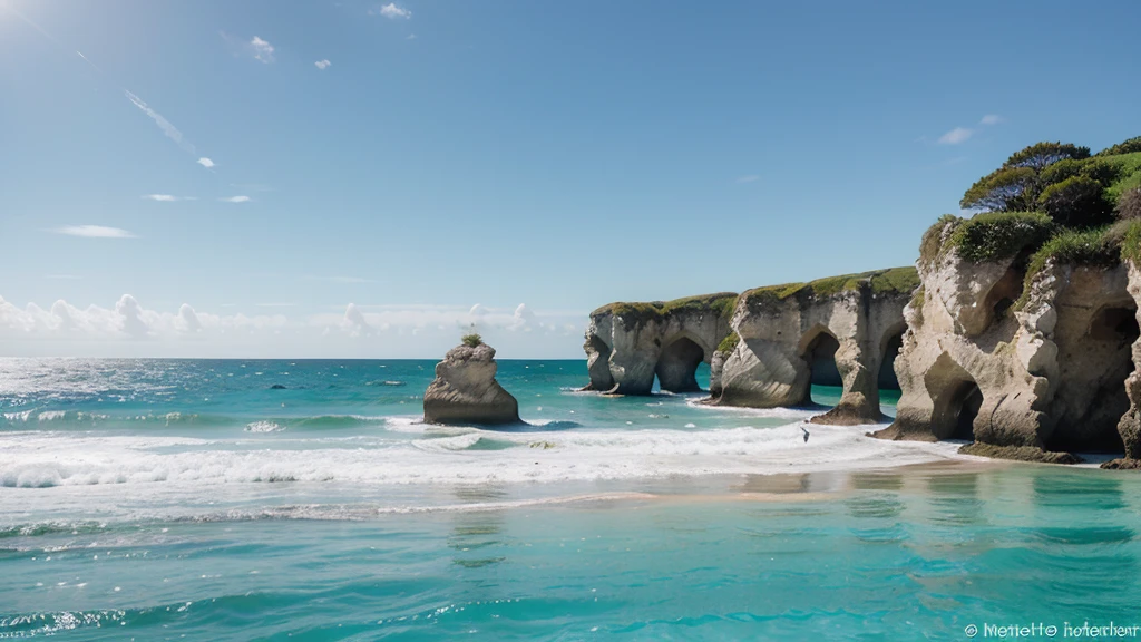 "image original, d'une plage de sable blanc immaculé bordée d'arbre de cocotiers se balançant doucement dans la brise. L'eau turquoise cristalline scintille sous le soleil éclatant, reflétant un ciel sans nuages d'un bleu profond. une très belle ile au loin
