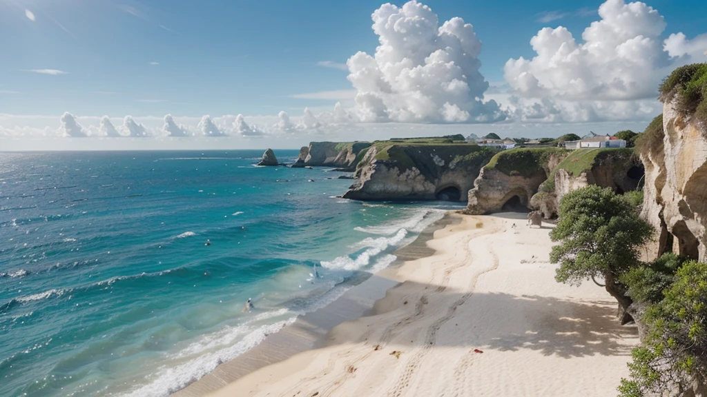 "image original, d'une plage de sable blanc immaculé bordée d'arbre de cocotiers se balançant doucement dans la brise. L'eau turquoise cristalline scintille sous le soleil éclatant, reflétant un ciel sans nuages d'un bleu profond. une très belle ile au loin