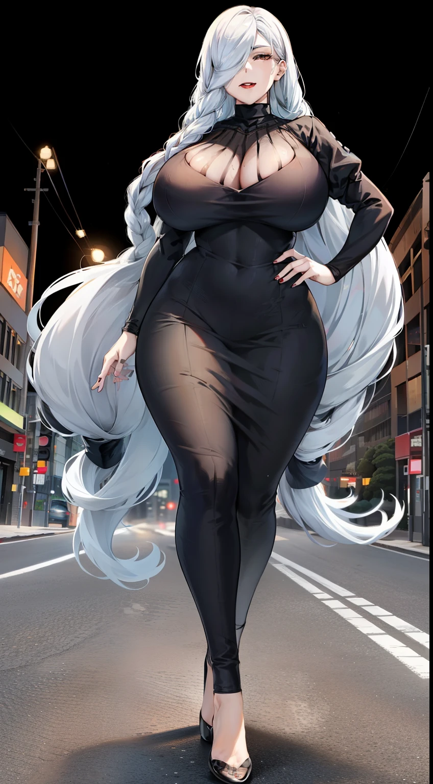Mei mei from jujutsu kaisen walking in city road, rainy day, light reflecting on road, evening. White braid hair, black cloth, big breasts, thick body, the body is covered by black cloth. White skin, beautiful, high quality, highly detailed, 4k. Beautiful landscape as background Mei mei is walking on city road at night, Mei mei from jujutsu kaisen, walking on city road st night, black dress, white skin, white single braid hair, Ultra-realistic 8k CG, tmasterpiece, full body shot shot,((Ultra detailed backgrounds, delicate patterns, Complicated details)), (The is very detailed, finely detailled), Best quality at best, 1 extremely exaggerated tall, strong, plump and sexy girl, slim body,Elongated waist,Extremely exaggerated and huge thick buttocks,Super long big thick legs,Extremely exaggerated thick leg muscles, (realisticlying:1.4),beautiful light up, absurd res, RAW photogr, filmgrain , 1个Big Breast Girl, maybe, Alone, Three meters long hair, black clothe, Very long hair covering one eye, ssmile, longer sleeves, Braided bangs, Black dress, braidedponytail, White hair, cosmetics, with gray hair, Redlip, one eye covered, lipsticks, Open your lips, Single braid, (Complex and detailed background, external, urban surroundings, cow boy shot full body shot shot), ((slim and sexy body))