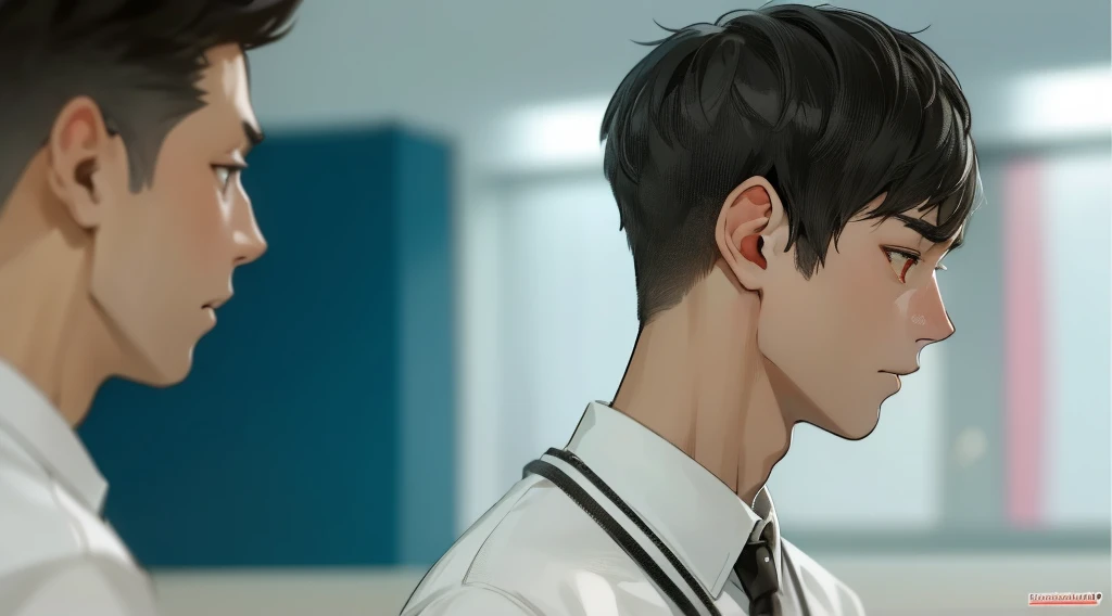 two young men of 18 years walk sad worried thoughtful through high school gray hair orange eyes