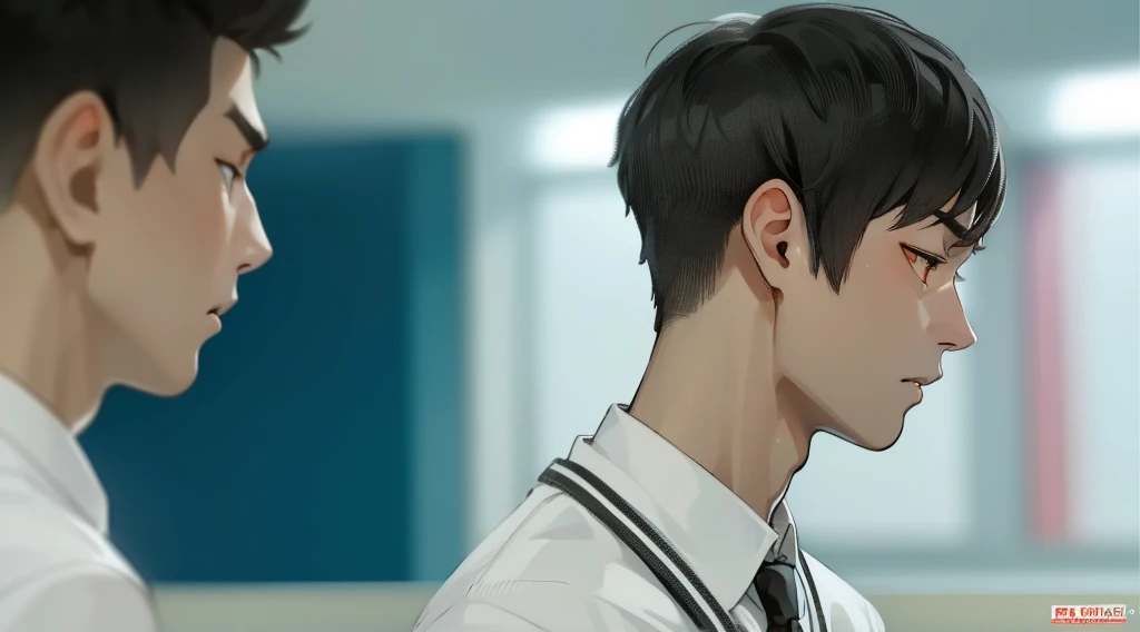 two young men of 18 years walk sad worried thoughtful through high school gray hair orange eyes