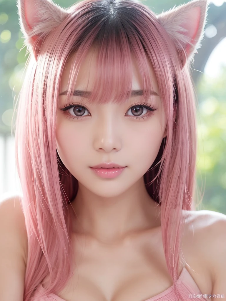 A lovely and sweet Chinese woman, Delicate and sexy collarbone, Attractive goose face, double eyelid, Clever pink eyes, Pink Lips, small, upturned nose, Exposing shoulders, Concentrated face, Face close-up, Ultra HD, Super Detail, Full body photo, Ultra-thin transparency, Pink Hair、Optimal ratio、Four fingers and a thumb, Cat ear、naked