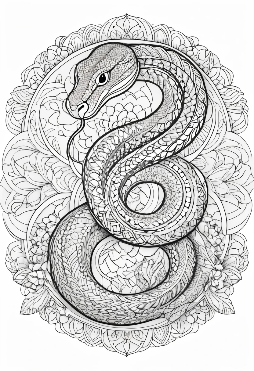 A striking black and white line art coloring page designed for adults with white background, featuring a majestic Snake in a mandala-inspired style. The Snake is adorned with intricate patterns that include floral and geometric designs, making it an engaging and detailed work of art. The illustration focuses on crisp, clean lines and bold outlines, without any shading or color, allowing the user to bring their own vibrancy to the piece. The minimalistic design, with its thick lines and absence of background details, creates a soothing coloring experience for adults seeking calming and creative activities. illustration