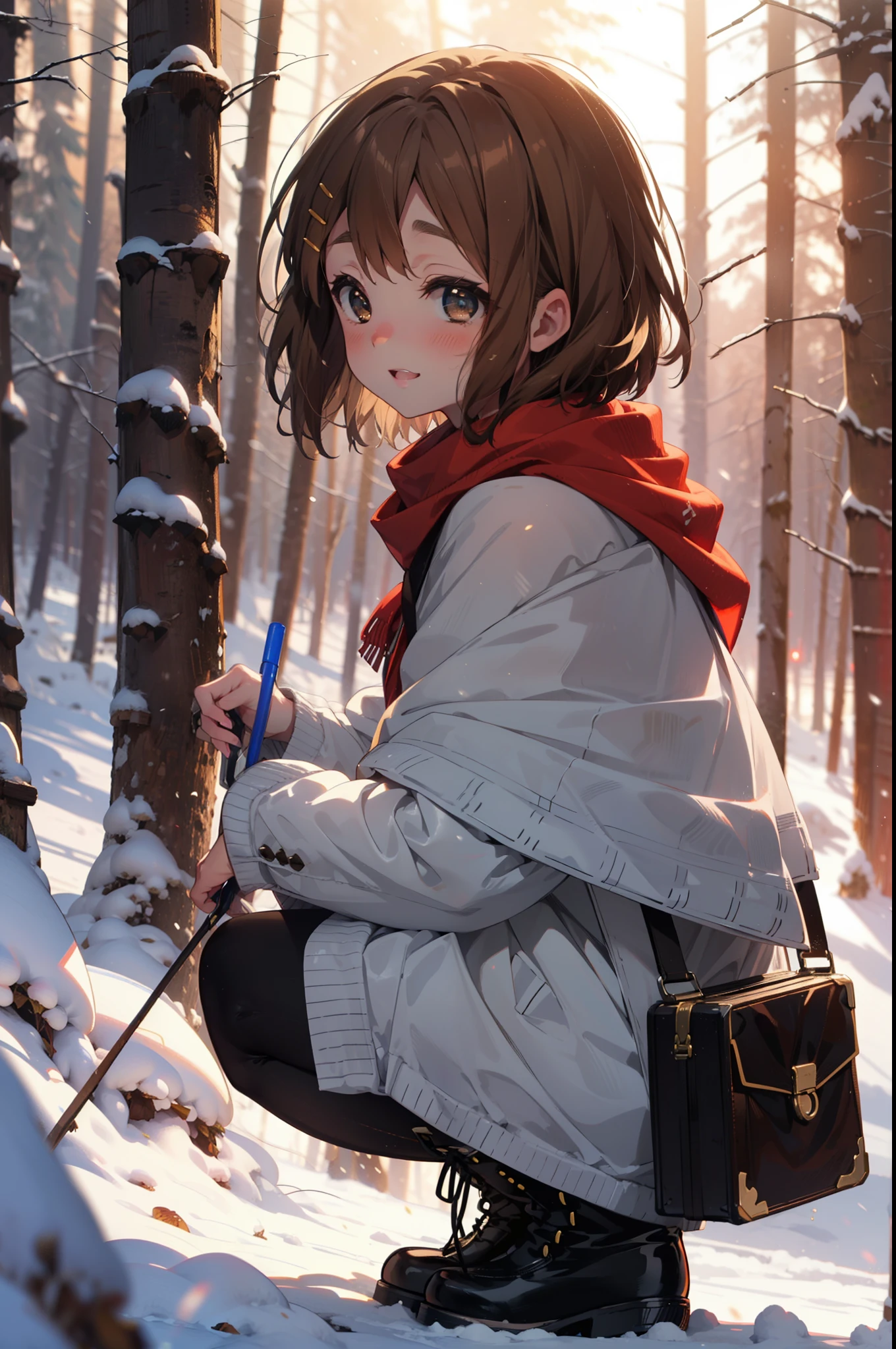 yuihirasawa, Yui Hirasawa, short hair, Brown Hair, hair ornaments, (Brown eyes:1.5), Hair Clip、smile,smile,blush,white breath,
Open your mouth,snow,Ground bonfire,, Outdoor, boots, snowing, From the side, wood, suitcase, Cape, Blurred, , forest, White handbag, nature, Squat, Mouth closed, Cape, winter, Written boundary depth, Black shoes, red Cape break looking at viewer, Upper Body, whole body, break Outdoor, forest, nature, break (masterpiece:1.2), Highest quality, High resolution, unity 8k wallpaper, (shape:0.8), (Beautiful and beautiful eyes:1.6), Highly detailed face, Perfect lighting, Highly detailed CG, (Perfect hands, Perfect Anatomy),