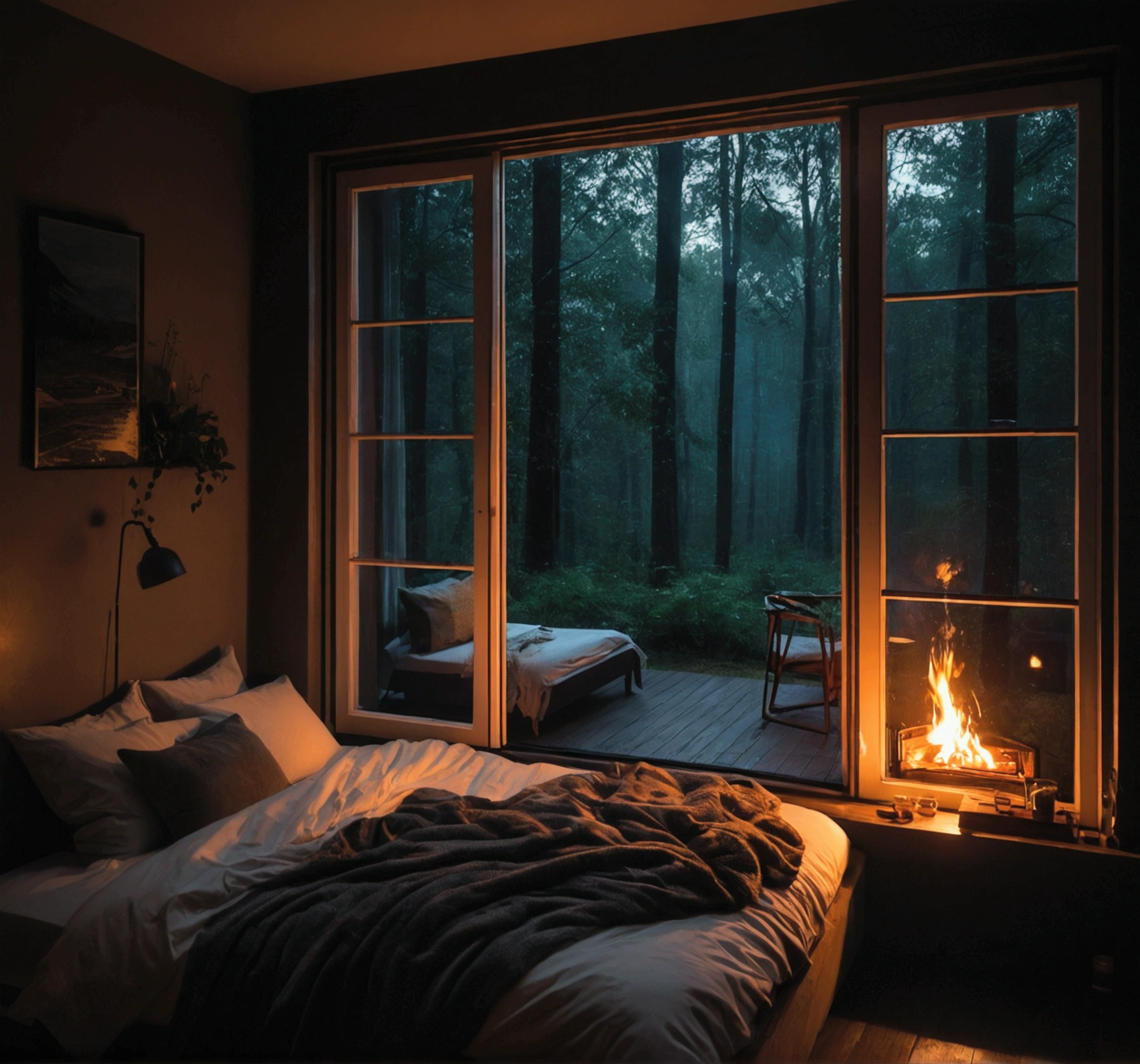 a bed sitting under a window next to a fire, cozy atmospheric, cozy place, large windows to forest at night, cosy atmoshpere, cozy room, cozy environment, dark bedroom, cyberpunk bedroom at night, inside on a rainy day, rainy night, bedroom full of fire, cozy night fireflies, cozy and peaceful atmosphere, rain aesthetic, dimly lit bedroom