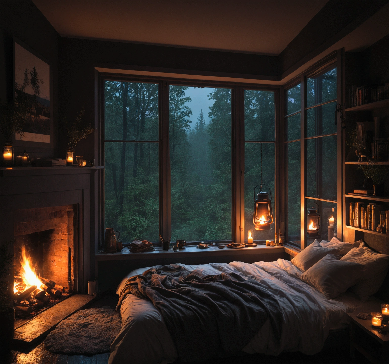 a bed sitting under a window next to a fire, cozy atmospheric, cozy place, large windows to forest at night, cosy atmoshpere, cozy room, cozy environment, dark bedroom, cyberpunk bedroom at night, inside on a rainy day, rainy night, bedroom full of fire, cozy night fireflies, cozy and peaceful atmosphere, rain aesthetic, dimly lit bedroom
