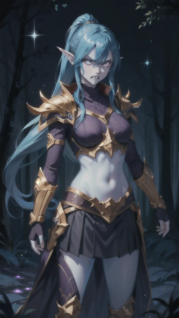 (1girl, blue hair absurdly long hair split ponytail, sparkle eyes, angry, clenched teeth) (digital) (standing), (Dark Purple Forest background), (Skirt)) , best quality, pointy ears, colored skin, blue skin, glowing, armor, navel, voidelf,