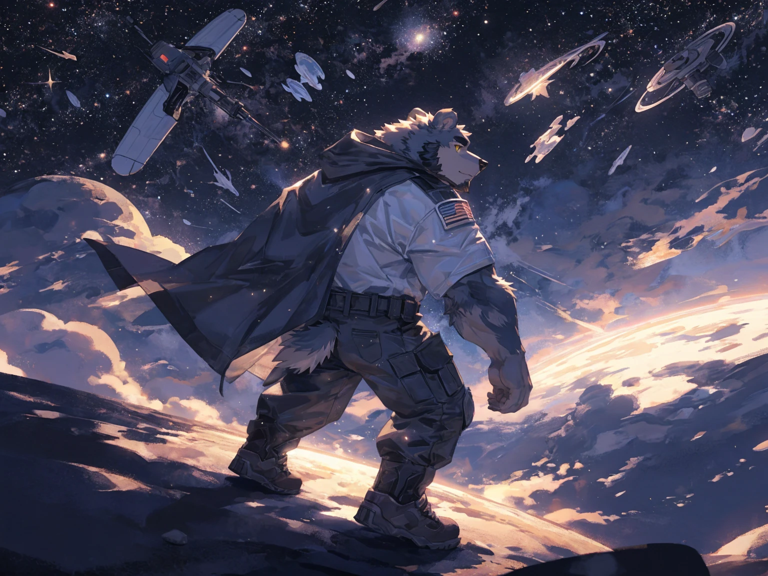(masterpiece:1.2), best quality,pixiv,official art,perfect anatomy, (Ray tracing, light),solo, (1_male:1.3) , (muscle), (grey fur:1.4), (muscle bear), (beard:1.2), (gleaming golden eyes), bear tail, full body, Thick black eyebrows,(open hooded parka), (naked inside), (cargo pants:1.2), boots , (in the space:1.3) , star , planet , earth , asteroid , (character floating :1.3)