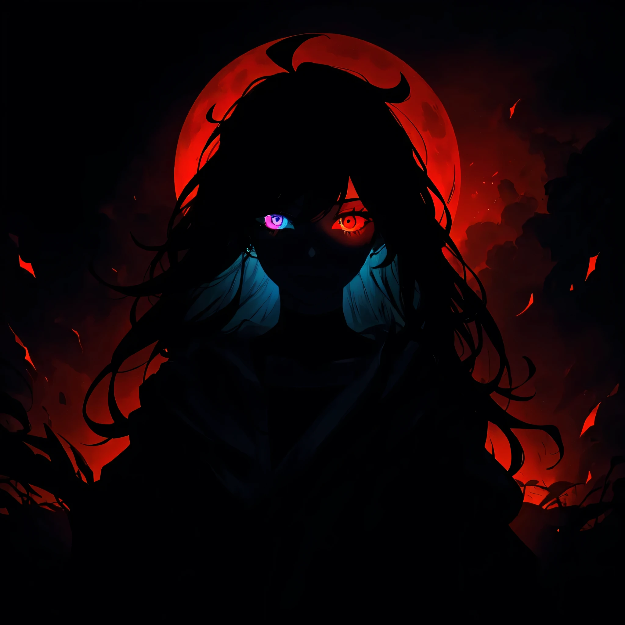 1boy, (stunning black long hair:1.2), male, heterochromia, (dark blue right eye:1.2), (red left eye: 1.2), (dark theme:1.3), (dark atmosphere:1.3), horror \(theme\), wild hair, glowing eyes, moon eyes