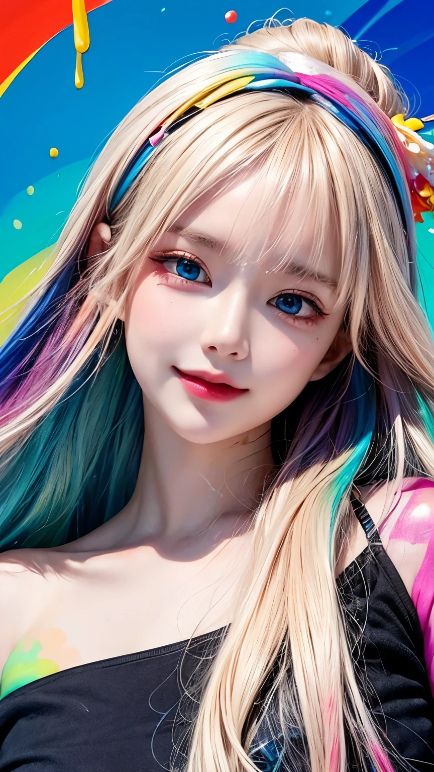 (rich and colorful Fashion T-Shirts:1.9),(blond:1.8),(All the colors of the rainbow:1.8),(((((vertical:1.6))),(:1.6),front,comics,illustration,,big eyes,Crystal clear,(Golden slopeLong hair,extra Long hair:1.7),rich and colorful hats,Exquisite makeup,Large Breasts,Smiling face,(Small fresh:1.5),(Pipe top:1.6),Long eyelashes,rich and colorful off-shoulder T-shirt,Looking at the audience,Big watery eyes,(blond hair:1.6),Color Splash,(Solitary:1.8),Color Splash,Color Explosion,Heavy paintwind style,Messy lines,((shining)) ,(rich and colorful),(rich and colorful),(rich and colorful),rich and colorful,Heavy paintwind style,(splash)(Color Splash),vertical,Upper Body,paintsplash,acrylic paint,slope,paint,Highest image quality,best quality,masterpiece,Solitary,Depth of Field,Face painting,Colorful clothes,(grace:1.2),Gorgeous,Long hair,wind,(grace:1.3),(petal:1.4),(((masterpiece))),((())),((Ultra Detailed)),(illustration),(Dynamic Angle) ,((float)),(paint),((Messy hair)),(Solitary),(1 Girl),(((Detailed anima face))),(((Beautiful and delicate face)),tie,Bare shoulders,bionde,((bionde)),((bionde)),Beautiful and delicate eyes,(Blue eyes),(((Blue eyes))),(((rich and colorful background))),(((High Saturation) )),(((Surrounded by colorful splash))),(((rich and colorful background))),(((High Saturation))),(((Surrounded by colorful splash))),(((rich and colorful background))),(((High Saturation))),(((Surrounded by colorful splash))),