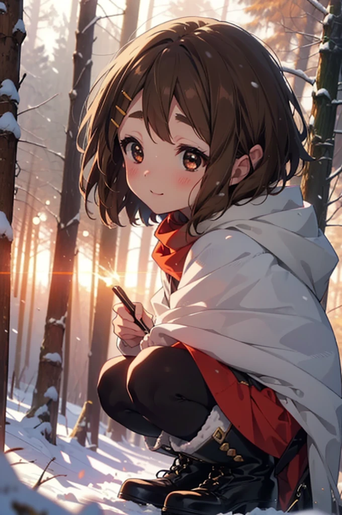 yuihirasawa, Yui Hirasawa, short hair, Brown Hair, hair ornaments, (Brown eyes:1.5), Hair Clip、smile,smile,blush,white breath,
Open your mouth,snow,Ground bonfire,, Outdoor, boots, snowing, From the side, wood, suitcase, Cape, Blurred, , forest, White handbag, nature,  Squat, Mouth closed, Cape, winter, Written boundary depth, Black shoes, red Cape break looking at viewer, Upper Body, whole body, break Outdoor, forest, nature, break (masterpiece:1.2), Highest quality, High resolution, unity 8k wallpaper, (shape:0.8), (Beautiful and beautiful eyes:1.6), Highly detailed face, Perfect lighting, Highly detailed CG, (Perfect hands, Perfect Anatomy),