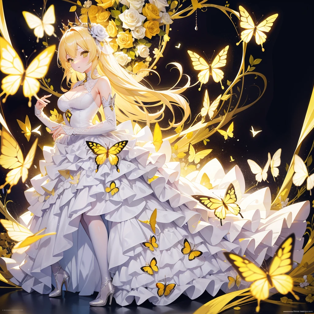 light Hair,yellow Butterfly,yellow eyes, Long white blonde hair,sex high heels, cute White princess Dress,8k wallpaper,Detailed background,Maximum resolution,Deep V Bi,Chis,yellow Rose background,Tight,full-body shot