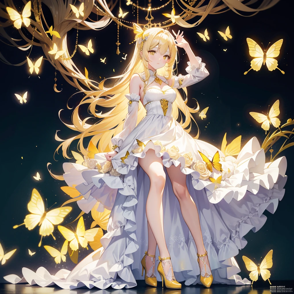 light Hair,yellow Butterfly,yellow eyes, Long white blonde hair,sex high heels, cute White princess Dress,8k wallpaper,Detailed background,Maximum resolution,Deep V Bi,Chis,yellow Rose background,Tight,full-body shot
