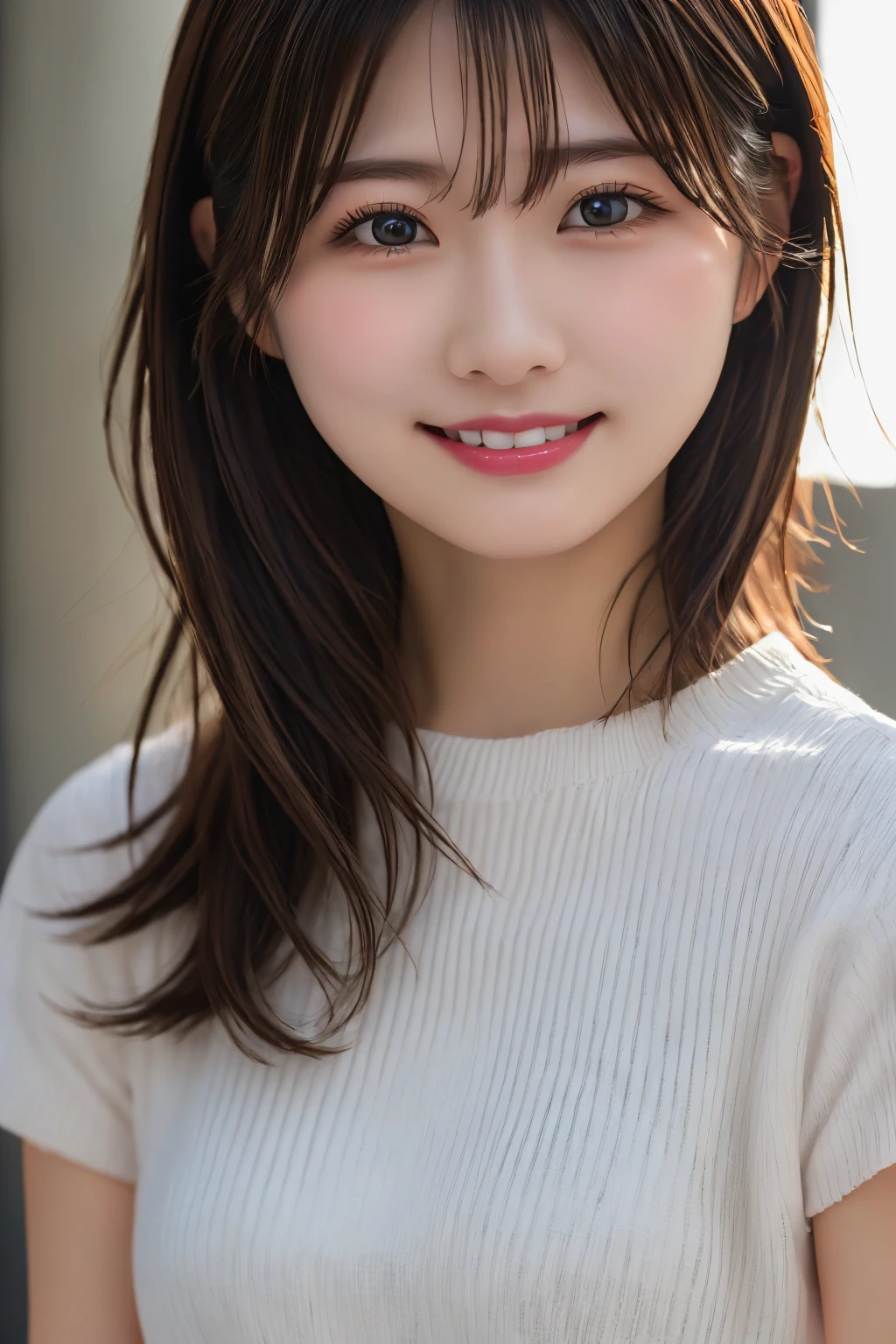 Highest quality, (beautiful)、Brown Hair、Looking into the camera、Upper Body、Close-up、small breasts、smile、Shoot from above