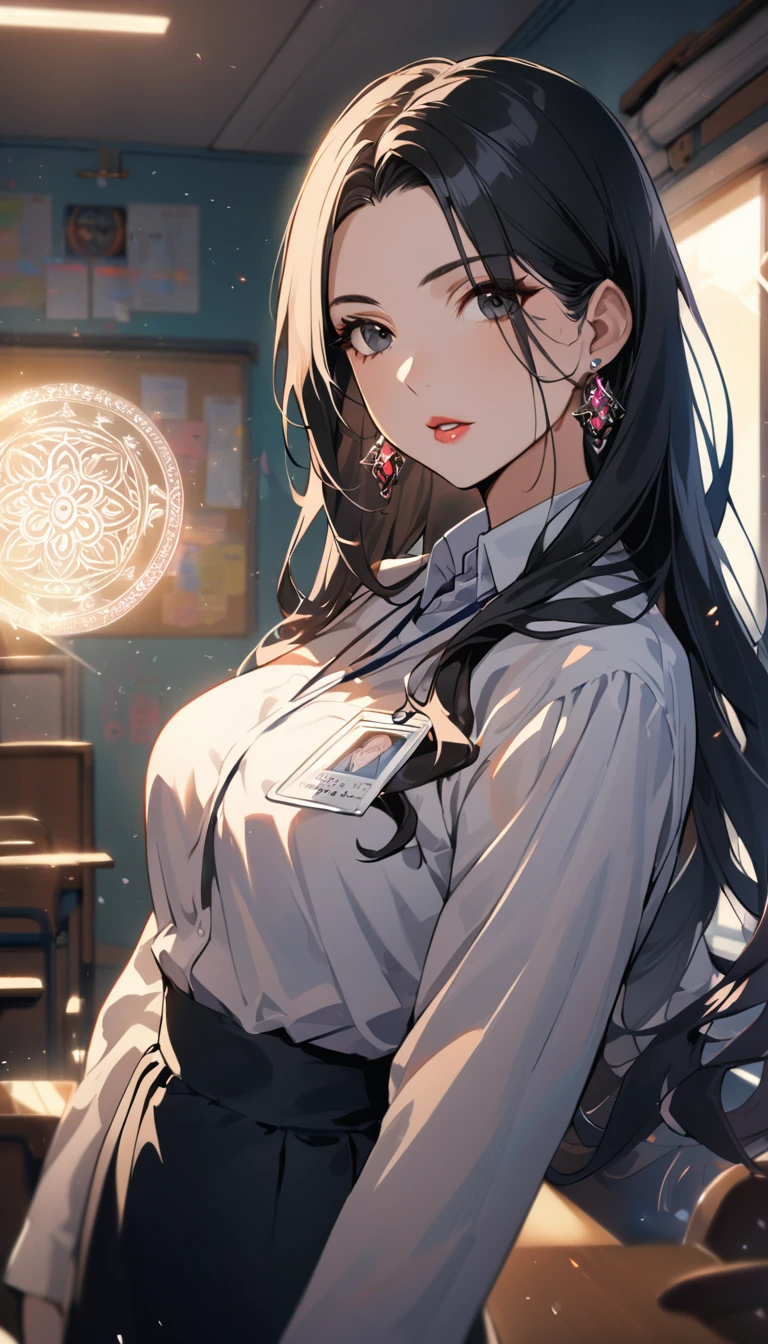 1woman,matured face,curtain hair forehead(long black hair),eyes,black eyes,teacher,teacher outfit, beautiful, colourful classroom background,standing attentive pose, neutral,stoic,wearing an ID card,earrings,juicy full lips,magic circle in the background, portrait , cinematic lighting,