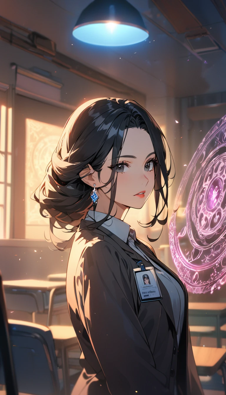 1woman,matured face,curtain hair forehead(long black hair),eyes,black eyes,teacher,teacher outfit, beautiful, colourful classroom background,standing attentive pose, neutral,stoic,wearing an ID card,earrings,juicy full lips,magic circle in the background, portrait , cinematic lighting,