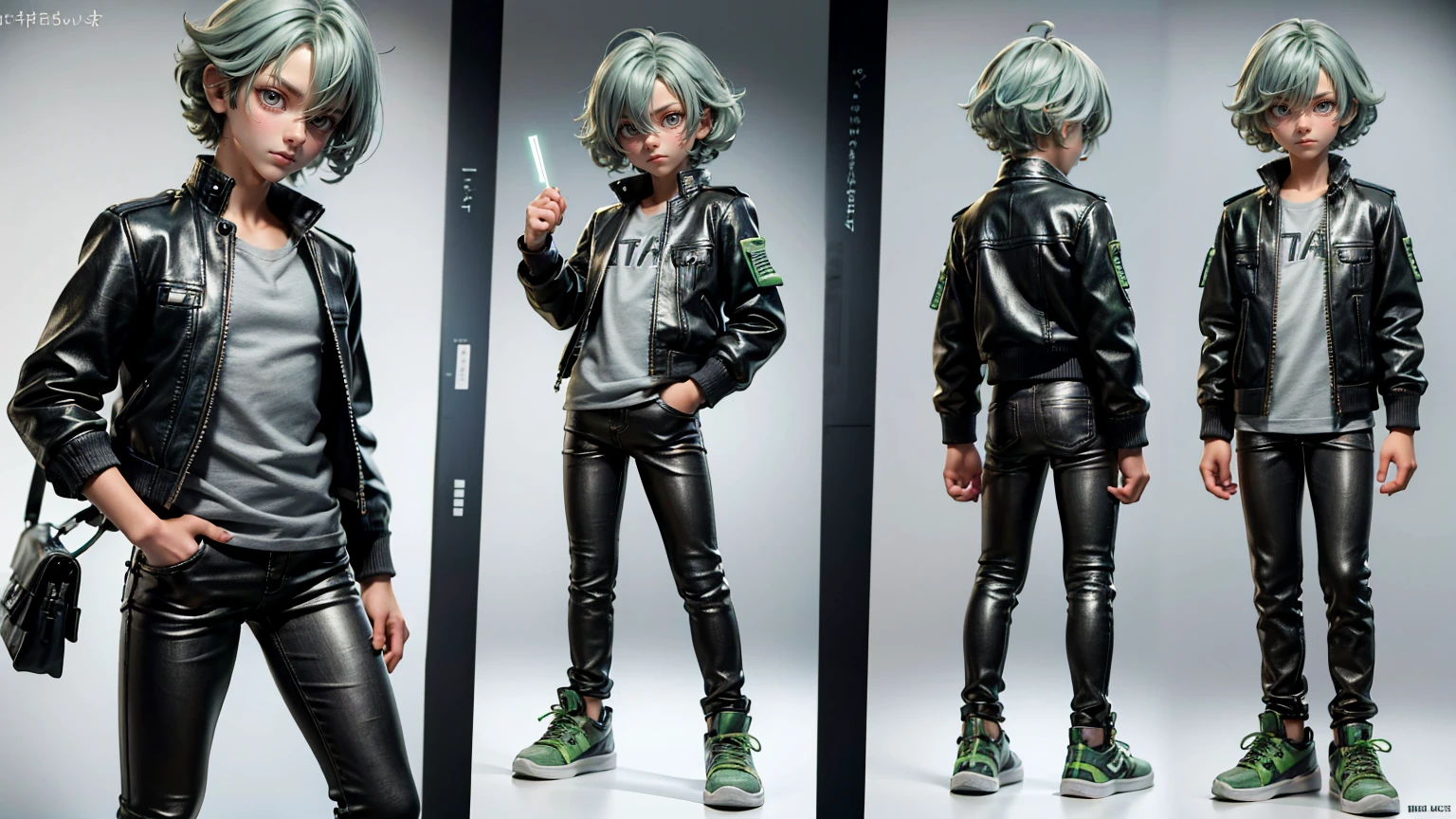 cute face boy, cute face, short height boy,  boy wearing grey leather jacket shirt and leather  pent , full standing pose, Twist Out light green hairs, sports shoes, Character Sheet, 12 yo student, Full body, Simple white background, front pose character reference sheet, Concept art, design sheet