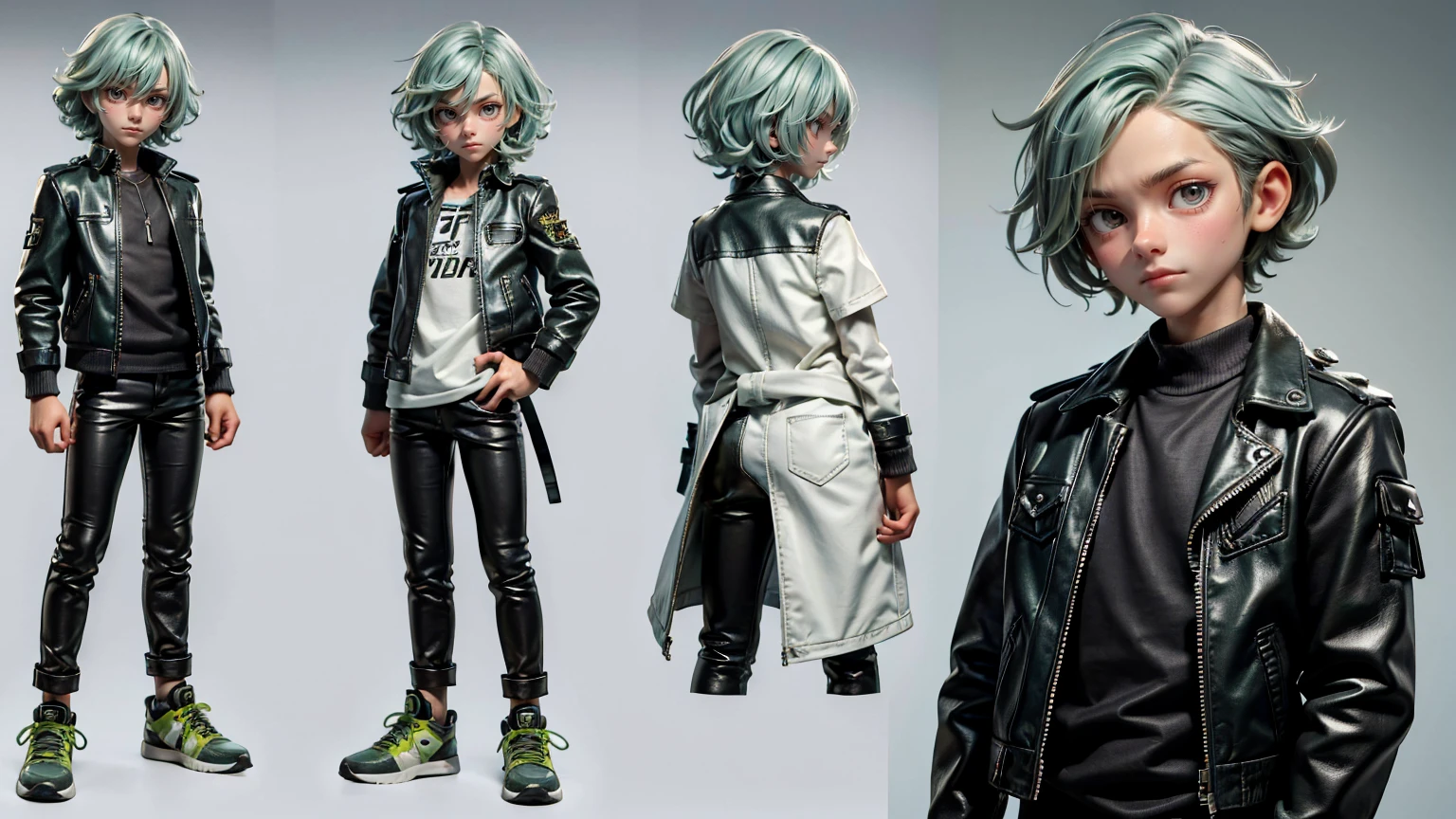 cute face boy, cute face, short height boy,  boy wearing grey leather jacket shirt and leather  pent , full standing pose, Twist Out light green hairs, sports shoes, Character Sheet, , Full body, Simple white background, front pose character reference sheet, Concept art, design sheet