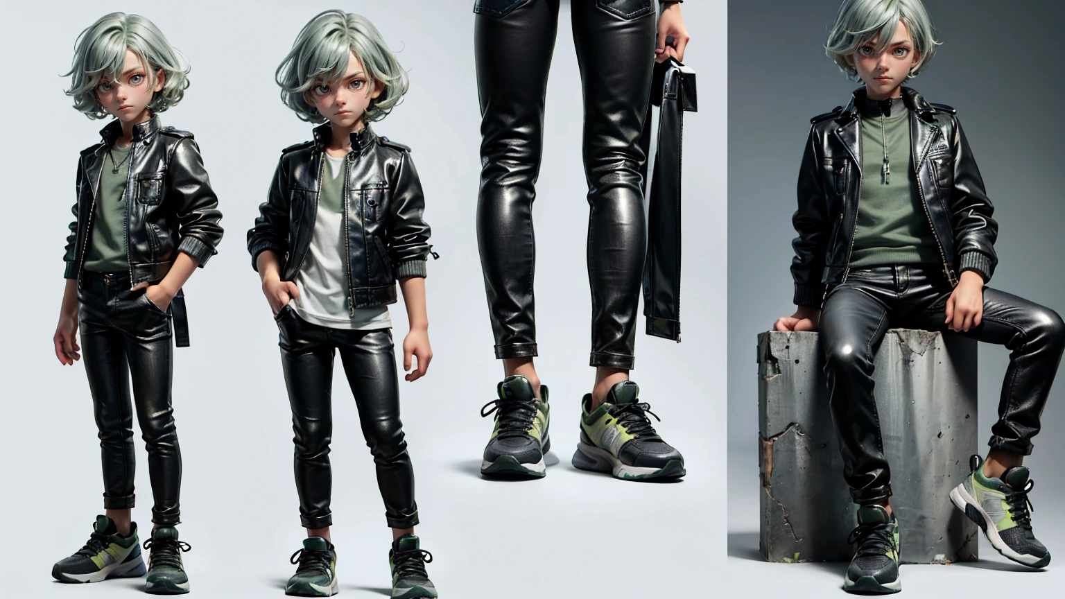 cute face boy, cute face, short height boy, boy wearing grey leather jacket shirt and leather pent , full standing pose, Twist Out light green hairs, sports shoes, Character Sheet, , Full body, Simple white background, front pose character reference sheet, Concept art, design sheet
