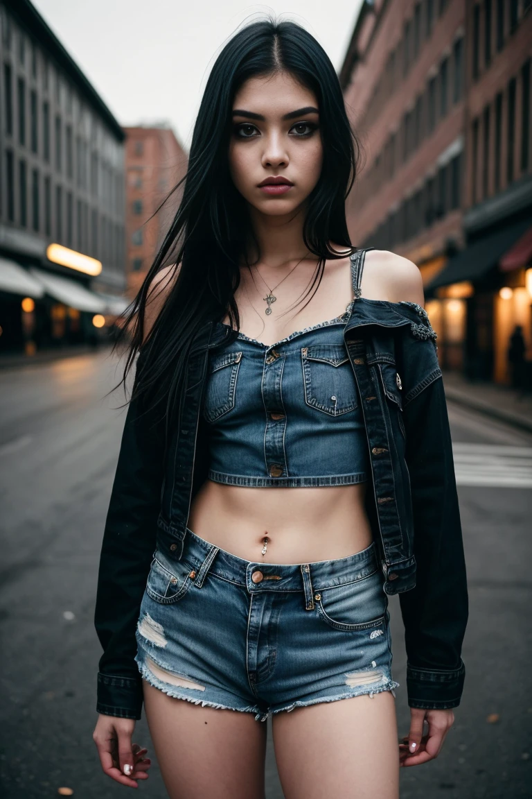 a beautiful 18 year old slim and sexy woman, emo girl, black dress, denim shorts, detailed face, long eyelashes, intricate makeup, moody expression, cinematic composition,  grungy urban environment