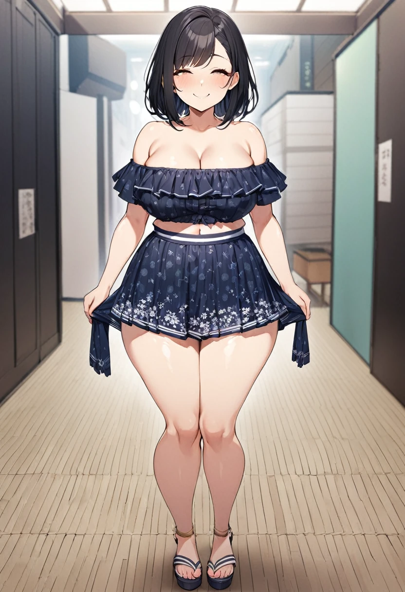 explicit content, masterpiece,ultra detailed,1woman,off-the -shoulder short summer blouse,pattern skirt,standing,at tokyo,curvy body,medium straight hair,cute japanese gravure idol,black hair,(tareme),happy smile,oval face,make up, full body image