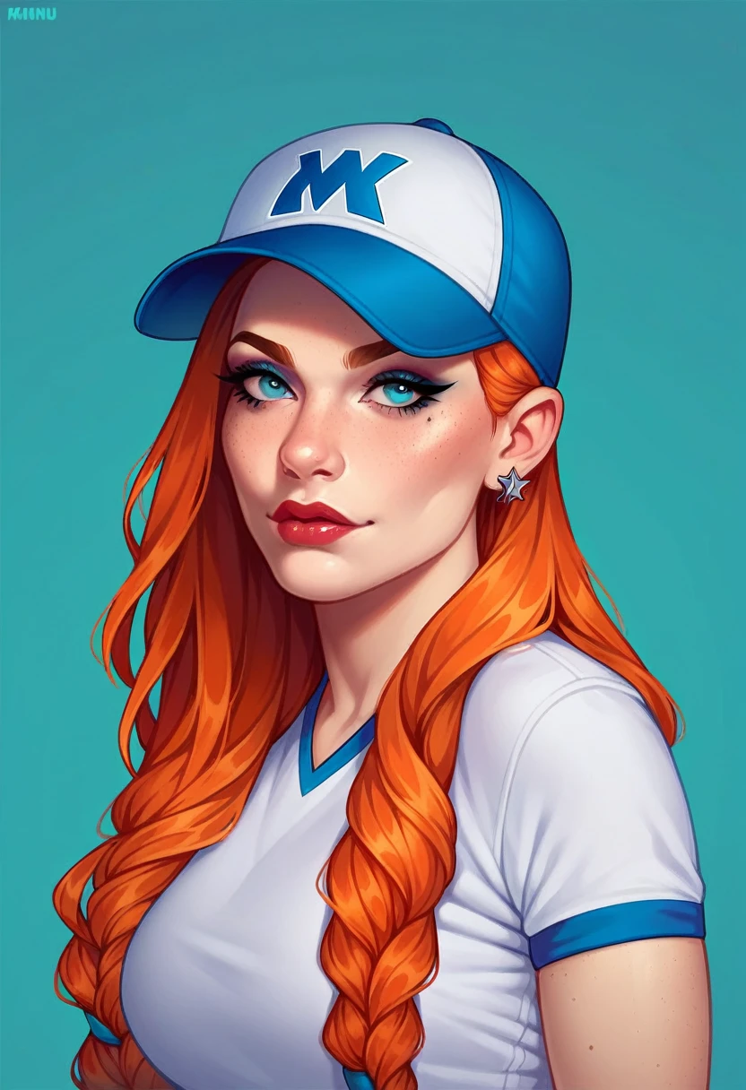 A white shirt with an embroidered logo on the back that says "A" in blue. A blue baseball cap worn in the style of a ginger-haired woman in a minimalistic style. Award-winning fashion photography, studio portrait for a Vogue cover