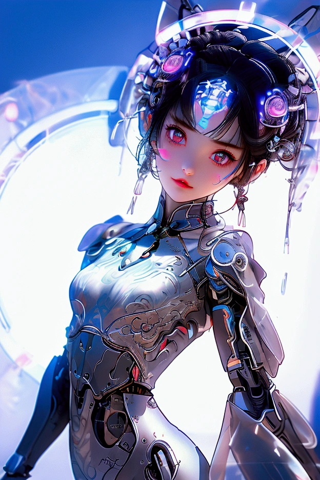 highest quality、master piece、超A high resolution、(Photoreal:1.4)、Raw photo、Combat Robot Angel、white porcelain body、Acrylic transparent cover、white hair、glowing skin、1 cyborg girl、((Ultra realistic details))、porate、global illumination、Black Shadow、octane rendering、8K、super sharp、character edge light,Huge 、Bare skin exposed between the breasts、side boo boo, Underboo Boo, The lower abdomen is exposed, thin pubic hair, intricate decorative details、Gothic ta details、hydraulic cylinder、Small LED Light、very intricate details、realistic light、purple eyes、shining eyes、towards the camera、neon light details、cowboy shot、futuristic headgear、About the Floor Plan《cyberpunk characters》、、
