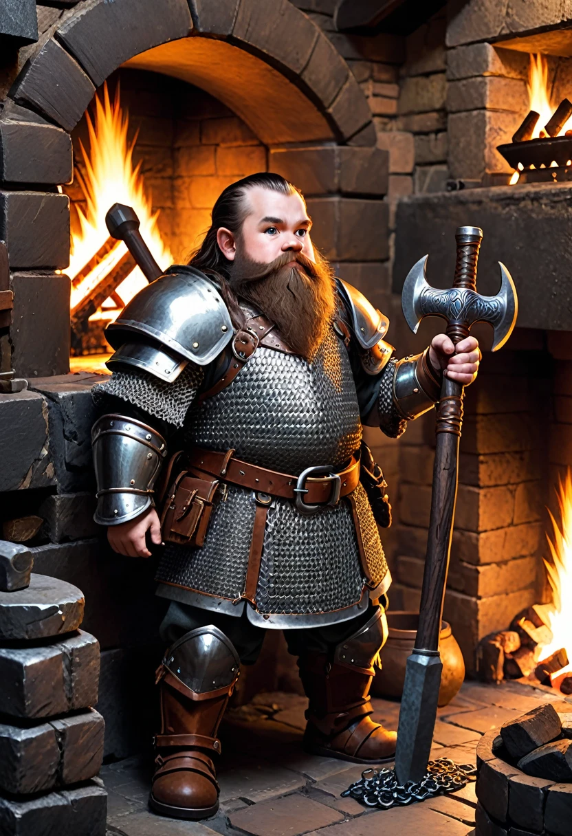 young dwarf with heavy chainmail armor. he is holding a hammer. he is standing in a forge with a fireplace.