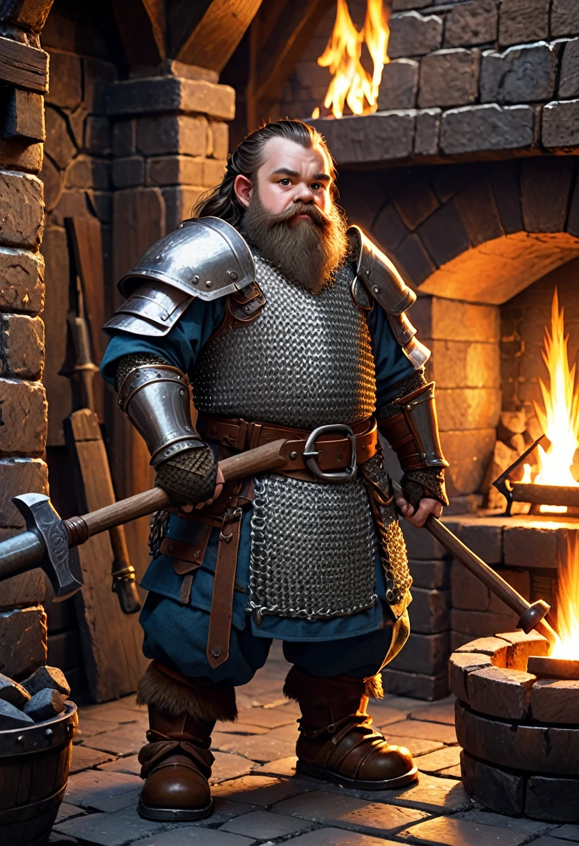 young dwarf with heavy chainmail armor. he is holding a hammer. he is standing in a forge with a fireplace.