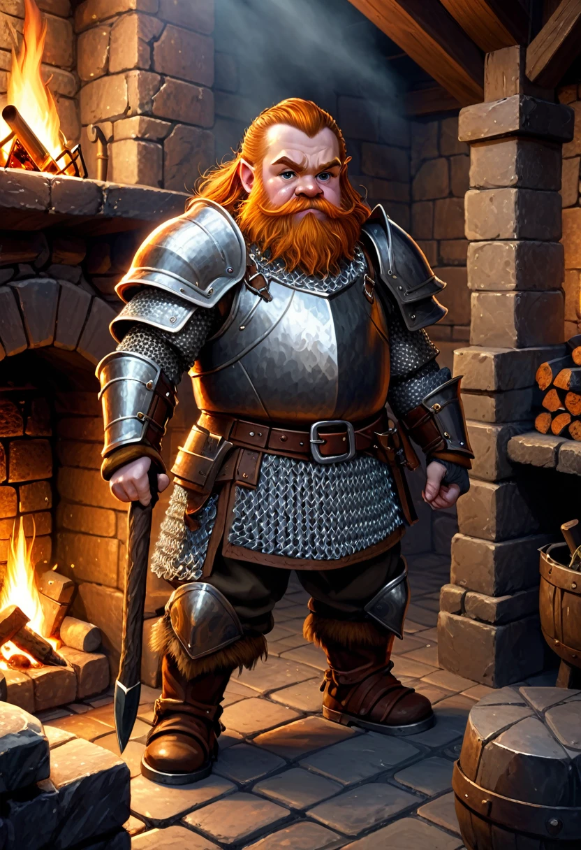 young dwarf with heavy chainmail armor. he is holding a hammer. he is standing in a forge with a fireplace.