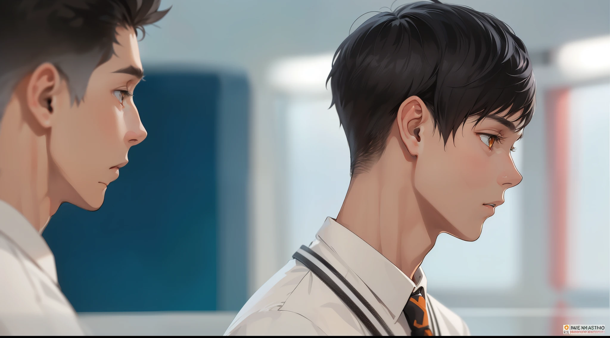 two young men of 18 years walk sad worried thoughtful through high school gray hair orange eyes