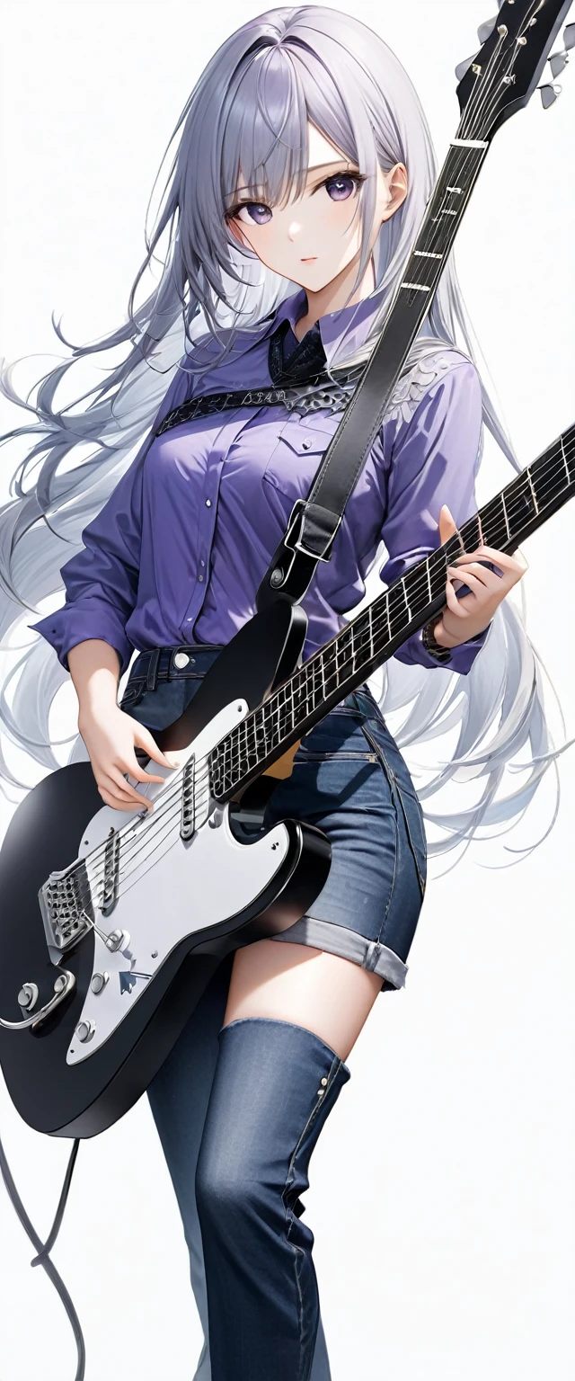 (((White background:1.5)))、(((A strong gaze on the guitar:1.5))),(The subject and guitar are in full view),(((Composition from afar:1.5))),(((full body:1.2)))、(very wide shot)、(masterpiece、Ultra HD、Highest quality、Masterpiece、４K:1.2)、Slender body、Scandinavian metal girl playing a white electric guitar, (((A strong gaze on the guitar:1.5))), Intricate details, Highly detailed eyes, Highly detailed fingers、(Purple shirt and blue jeans) 、Long silver hair、Wear black boots、(((Dynamic and lively pose:1.5)))、Perfect Style、８Head to Body、Playing guitar on stage、Live