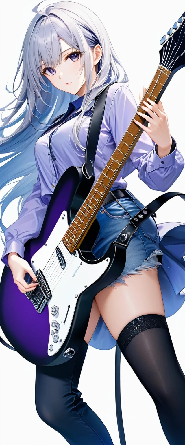(((White background:1.5)))、(((A strong gaze on the guitar:1.5))),(The subject and guitar are in full view),(((Composition from afar:1.5))),(((full body:1.2)))、(very wide shot)、(masterpiece、Ultra HD、Highest quality、Masterpiece、4K:1.2)、Slender body、Scandinavian metal girl playing a white electric guitar, (((A strong gaze on the guitar:1.5))), Intricate details, Highly detailed eyes, Highly detailed fingers、(Purple shirt and blue jeans) 、Long silver hair、Wear black boots、(((Dynamic and lively pose:1.5)))、Perfect Style、8Head to Body、Playing guitar on stage、Live