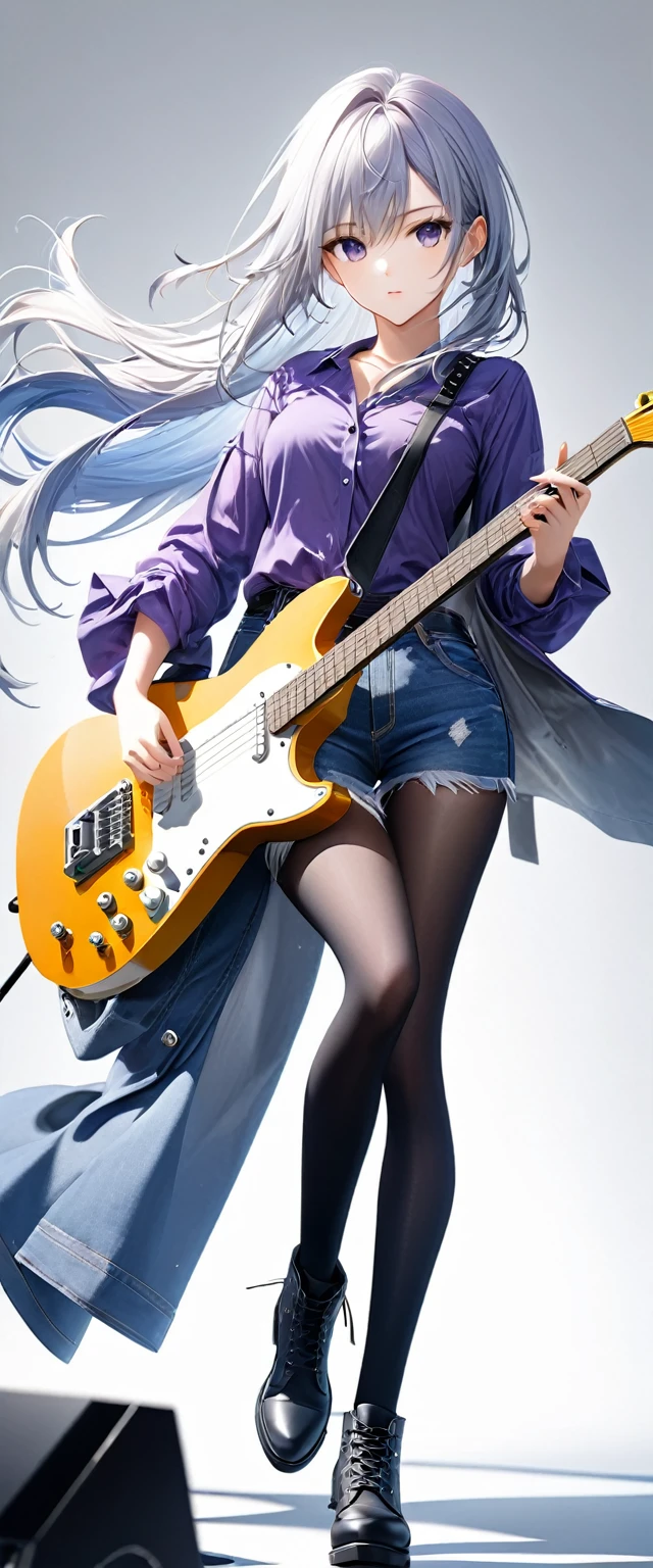 (((White background:1.5)))、(((A strong gaze on the guitar:1.5))),(The subject and guitar are in full view),(((Composition from afar:1.5))),(((full body:1.2)))、(very wide shot)、(masterpiece、Ultra HD、Highest quality、Masterpiece、４K:1.2)、Slender body、Scandinavian metal girl playing a white electric guitar, (((A strong gaze on the guitar:1.5))), Intricate details, Highly detailed eyes, Highly detailed fingers、(Purple shirt and blue jeans) 、Long silver hair、Wear black boots、(((Dynamic and lively pose:1.5)))、Perfect Style、８Head to Body、Playing guitar on stage、Live