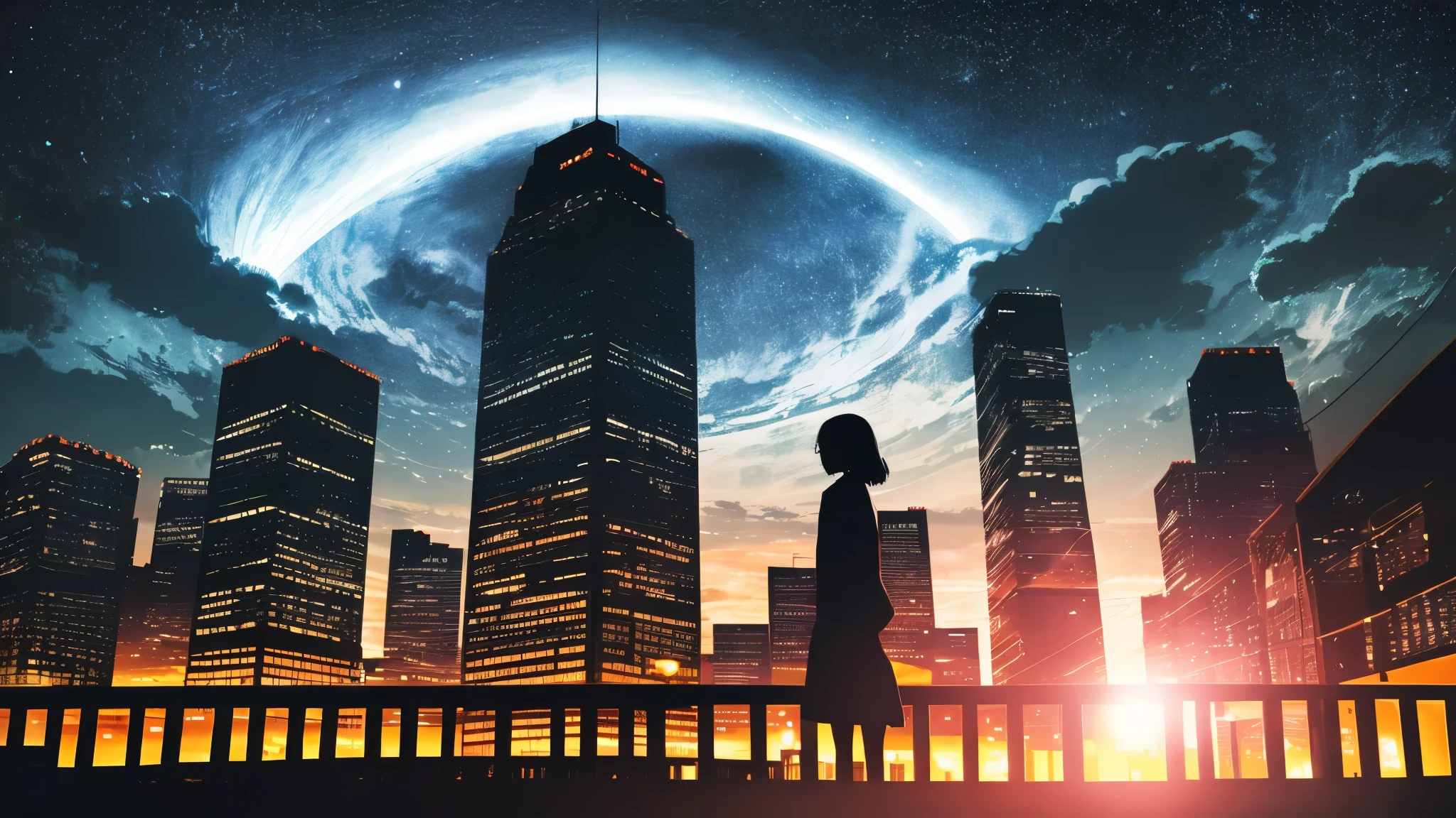 japanese cartoon movies,silhouette,1 woman, star (sky), cloud, cityscape, building, city, outdoors, skyscraper, city lights, night, night sky, sunset, skyline