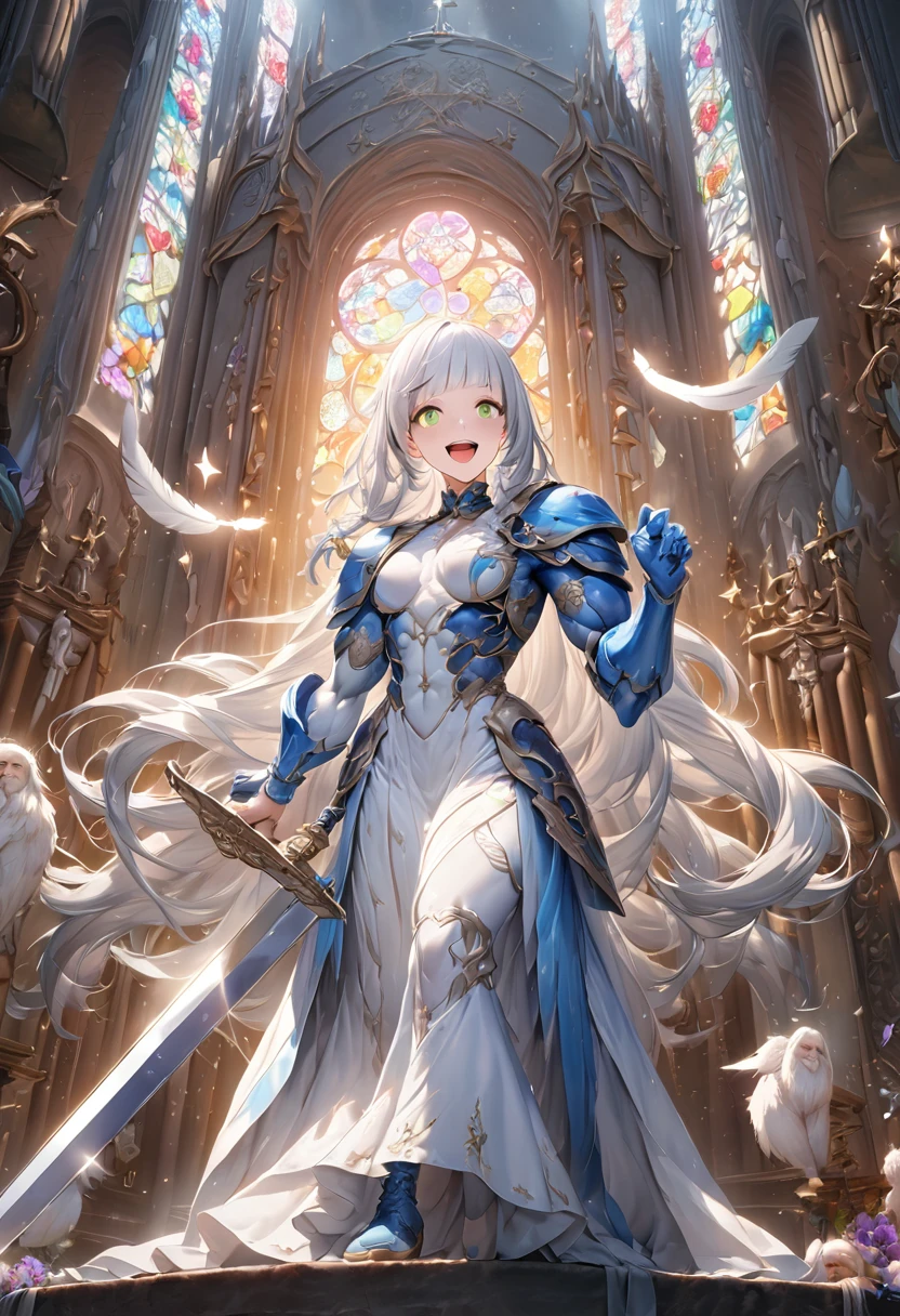 (Official Art、Highest quality、Unity 8k wallpaper、32K、masterpiece、Very detailed、Ultra-high resolution、Realistic、realism、very interesting:1.2)、(Cinema Lighting:1.2)、Fire effect、Film Grain、The best shade、Edge lighting、Side light、(Very detailed且复杂的 3D 渲染)、细致Beautiful Face庞和眼睛、Sharp pupils、Realistic学生、Slender、1men and women、Medium Bust、(whole body:1.2)、 Beautiful Face、Beautiful 16 year old girl、(super fine muscle、Detailed skin texture:1.3)、(Silver Blonde、Blue-silver hair:1.3)、Paladin、Long Hair、Blunt bangs、Green Eyes、3 braids 1 bundle、(Blue Armor、Blue Boots、Blue Helmet、Decorated with jewels、Gold embroidery)、Slender、Long skirt、(Thighs Thighs Thighs Thighs:0.8)、(Chis、Inside the house、Art stained glass、Large Pipe Organ、Hello、mystery、a lot of feathers floating、Angelic、Particles of light、Severe、The sun、colorful、wonderful:1.2)、(wonderful:1.3)、(With the holy sword in hand:1.4)、wonderful、Laugh and laugh