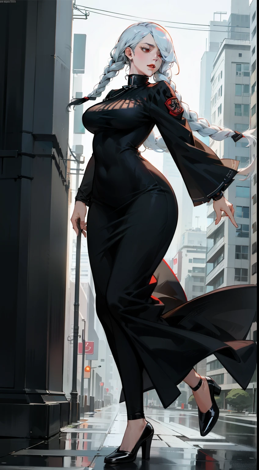 Mei mei from jujutsu kaisen walking in city road, rainy day, light reflecting on road, evening. White braid hair, black cloth, big breasts, thick body, the body is covered by black cloth. White skin, beautiful, high quality, highly detailed, 4k. Beautiful landscape as background Mei mei is walking on city road at night, Mei mei from jujutsu kaisen, walking on city road st night, black dress, white skin, white single braid hair, Ultra-realistic 8k CG, tmasterpiece, full body shot shot，((Ultra detailed backgrounds, delicate patterns, Complicated details)), (The is very detailed, finely detailled), Best quality at best, 1 extremely exaggerated tall, strong, plump and sexy girl, slim body，Elongated waist，Extremely exaggerated and huge thick buttocks，Super long big thick legs，Extremely exaggerated thick leg muscles， (realisticlying:1.4),beautiful light up, absurd res, RAW photogr, filmgrain , 1个Big Breast Girl, maybe, Alone, Three meters long hair, black clothe, Very long hair covering one eye, ssmile, longer sleeves, Braided bangs, Black dress, braidedponytail, White hair, cosmetics, with gray hair, Redlip, one eye covered, lipsticks, Open your lips, Single braid, (Complex and detailed background, external, urban surroundings, cow boy shot，full body shot shot),