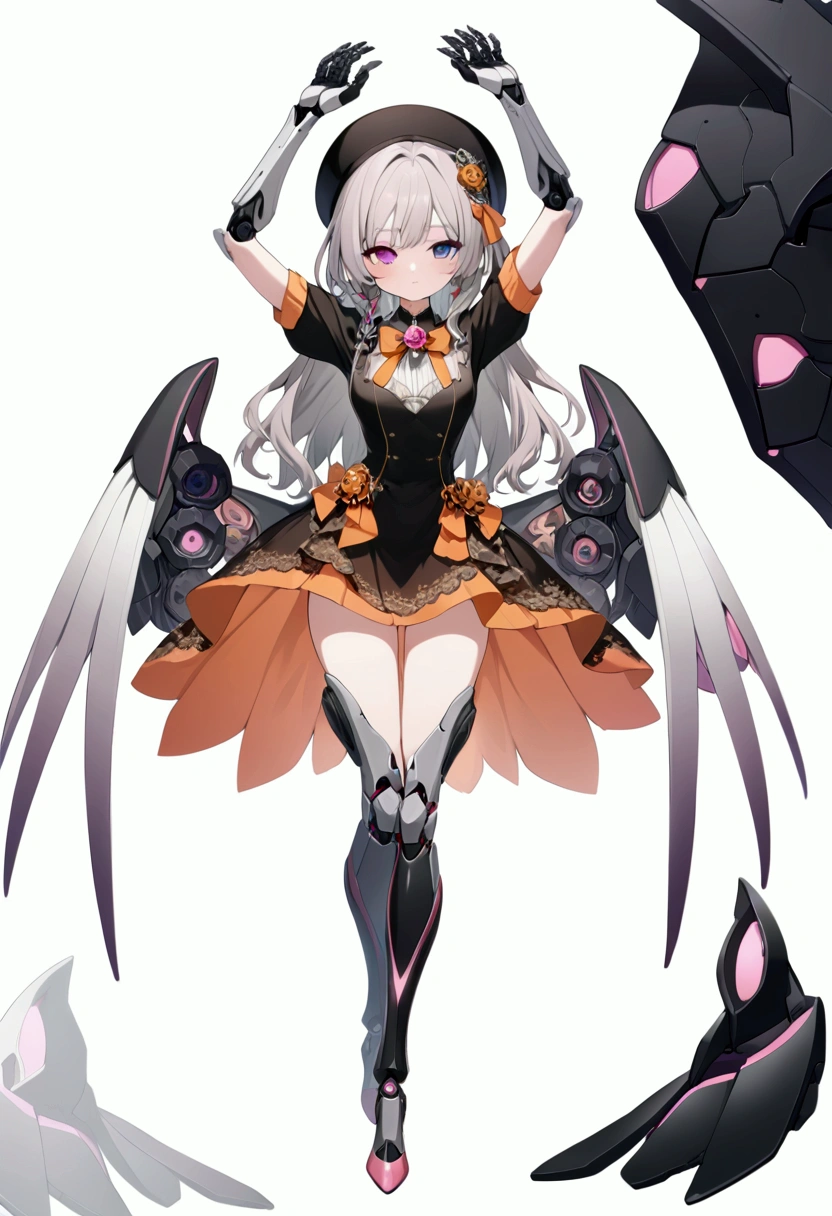woman 160 cm tall, slim build, , charming look, ((heterocromia: look like, derecho naranja y look like izquierdo violeta)), (Shoulder Length Wavy Gray Hair, He has a short braid on the left side of his hair., big open bangs, has a gear hairpin on the left side of the hair), (((complex mechanical legs up to the hip, The legs are black with gray parts with small pink details))), (((complex mechanical arms up to the elbows, The arms are black with gray parts with small pink details))), (complex mechanical angel wings of white color with dark gray parts), (elegant black French beret with an orange rose ribbon), (elegant thigh-length one-piece dress, short bell skirt, short sleeves, elegant black hip belt with orange parts, small rose brooch in the middle of the chest, beautiful mechanical stiletto heels, blue and black ribbon decorations on the dress, small gears on the skirt of the dress), (((character design sheet: Front view))), (((full body))), extremely detailed beautiful hair, beautiful detailed dress, extremely detailed arms, extremely detailed face, (Extremely detailed hands), perfect hands, small face, hermosos look likes detallados, beautiful detailed lips, adorable, extremely detailed legs, (Best Quality, 8k, Ultra resolution), ultra detailed, Exquisite and epic character art, ((White background)), (Focus on symmetry).