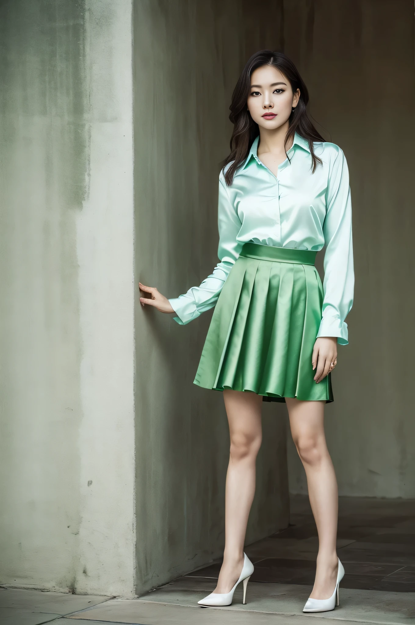 1 girl, (Highest quality, Ultra-high resolution、masterpiece、8K)、(Delicate face, Detailed eyes and face, Watery eyes, double eyelid, Glossy lips), (Above the knee shot), Very beautiful woman, Slender, Slim Big, Sharp long legs, Alluring and sexy、(Colorful collared shirt, Long Green satin skirt), (High heels)、Cleavage, Perfect Anatomy, Anatomically correct, High-definition skin texture, Professional Lighting, detail high heels, business, standing post, Green Theme