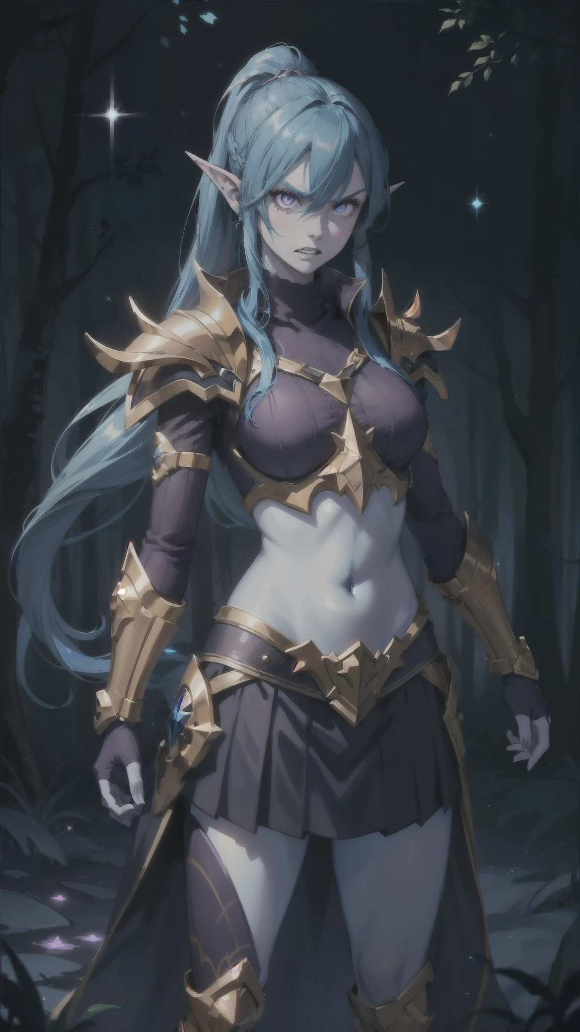 (1girl, blue hair absurdly long hair split ponytail, sparkle eyes, angry, clenched teeth) (digital) (standing), (Dark Purple Forest background), (Skirt)) , best quality, pointy ears, colored skin, blue skin, glowing, armor, navel, voidelf, 