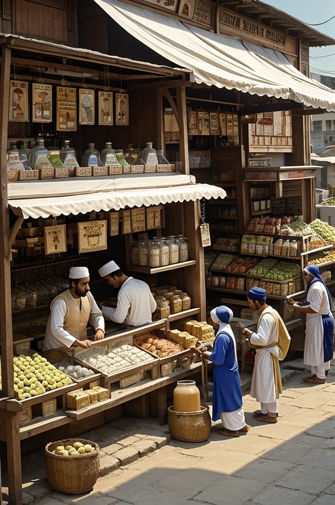 : A bustling marketplace scene with people gathered around Salim's milk shop, illustrating his reputation for selling pure milk at very reasonable prices.