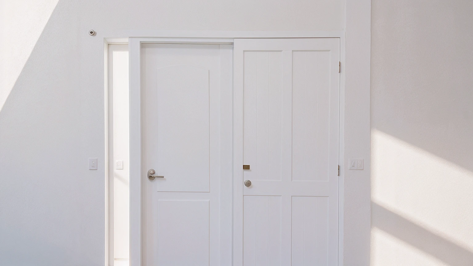 minimalist, white wall, door, sunlight