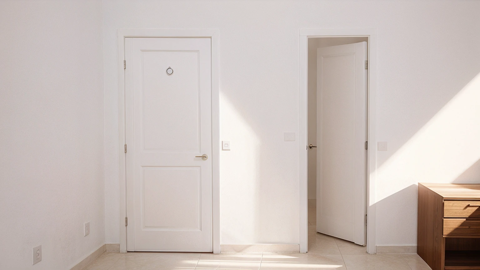 minimalist, white wall, door, sunlight