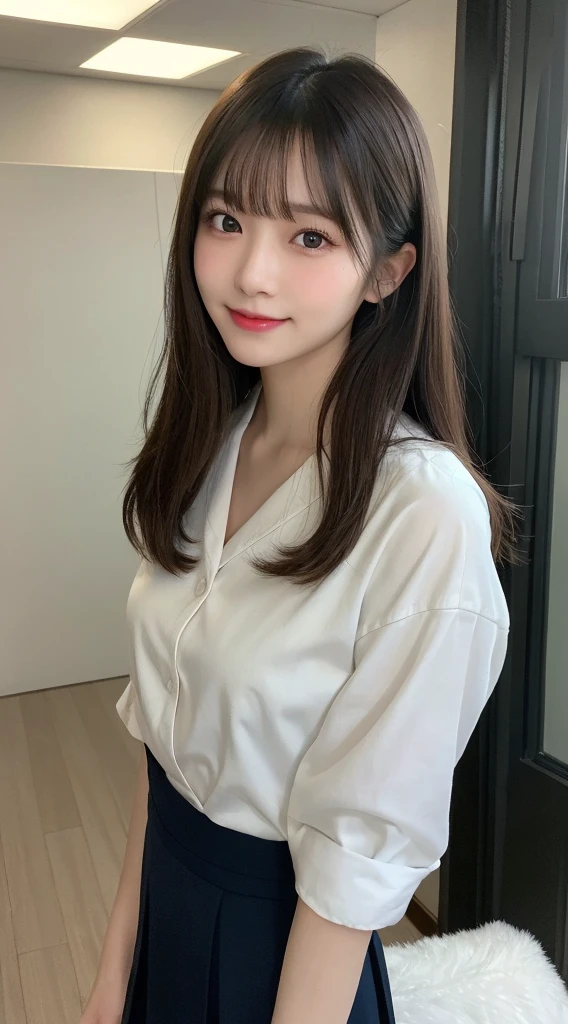 masterpiece, Best image quality, high quality, beautiful girl, Japanese, Japanese school girl, Popular Korean makeup, Familiar, Swollen eyes, Familiar eyes, Familiar skin, Beautiful Skin, ultra High resolution, (reality: 1.4), so beautiful, A little young face, Beautiful Skin, thin, (超reality的な), (shape), (High resolution), (8k), (highly Familiar), (best shape), (beautifully Familiar eyes), (super Familiar), (wallpaper), (Familiar face), Looking at the audience, The finer details, Familiar face, Pure erotic face ace_v1, smile, Look straight ahead, Look straight ahead, Angle from waist up, Realistic photos, Bright lighting, Professional Lighting, blonde, Long Hair, ,Mature Woman, Stylish long bangs,Kiss Shot Acerola Orion Heart Under Blade、indoor