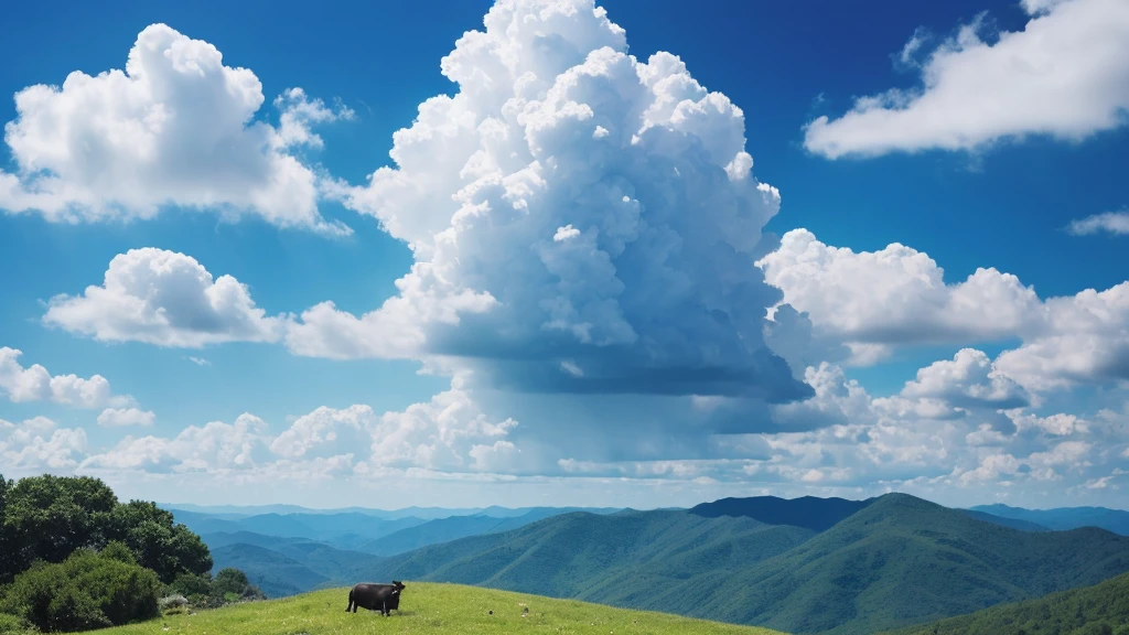 masterpiece, Highest quality, 宮崎駿風のmoviephotograph，(Highest quality,High resolution,Very detailed:1.2), High resolution, Sunny blue sky, puffy white clouds, Vibrant colors, Realistic lighting, Ethereal atmosphere, Soft and gentle brush strokes, Peaceful and serene, Unobstructed panoramic views, Surreal Landscape, Heavenly Beauty, photograph, movie, High resolution，A black cow sits in the center