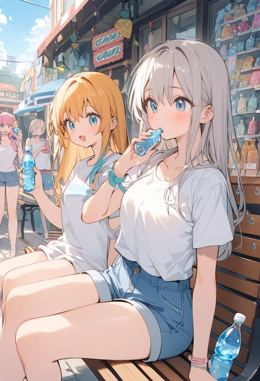 Summer vacation、Candy store background、Bench next to the candy store、Sitting、Two Girls、White T-shirt、Short trousers、Drinking soda from a bottle
