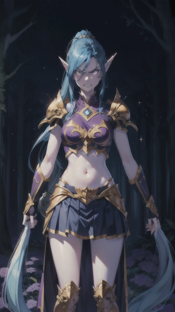 (1girl, blue hair absurdly long hair split ponytail, sparkle eyes, angry, clenched teeth) (digital) (standing), (Dark Purple Forest background), (Skirt)) , best quality, pointy ears, colored skin, blue skin, glowing, armor, navel, voidelf, 