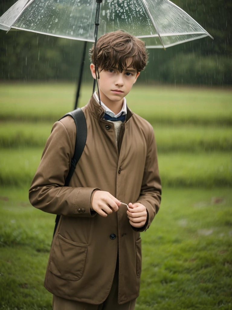 13 year old pensive melancholic boy in the field under stubborn rain male  with light brown hair clothes 1800s French  