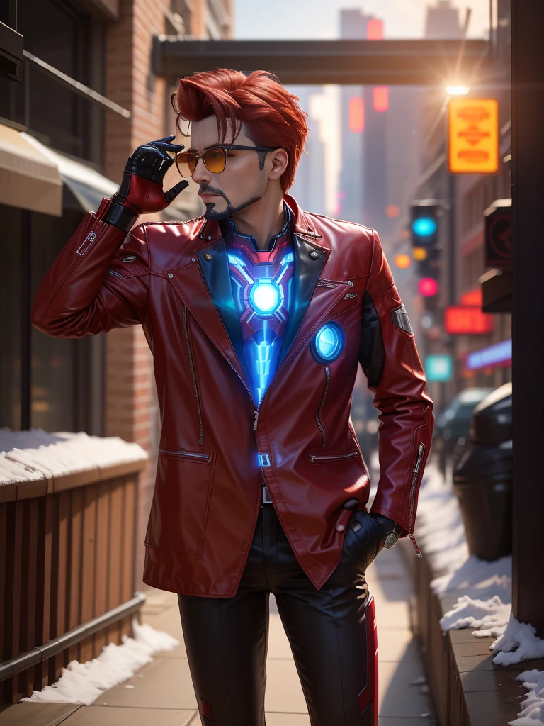 there is a man in a red leather jacket and glasses, hero pose colorful city lighting, iron man, full portrait of electromancer, wearing cyberpunk leather jacket, inspired by Raymond Han, inspired by Max Magnus Norman, cyberpunk suit, cyborg fashion shot, cyber future jacket, cyber suit, cinematic outfit photo, professional cosplay, wearing Tony stark jacket